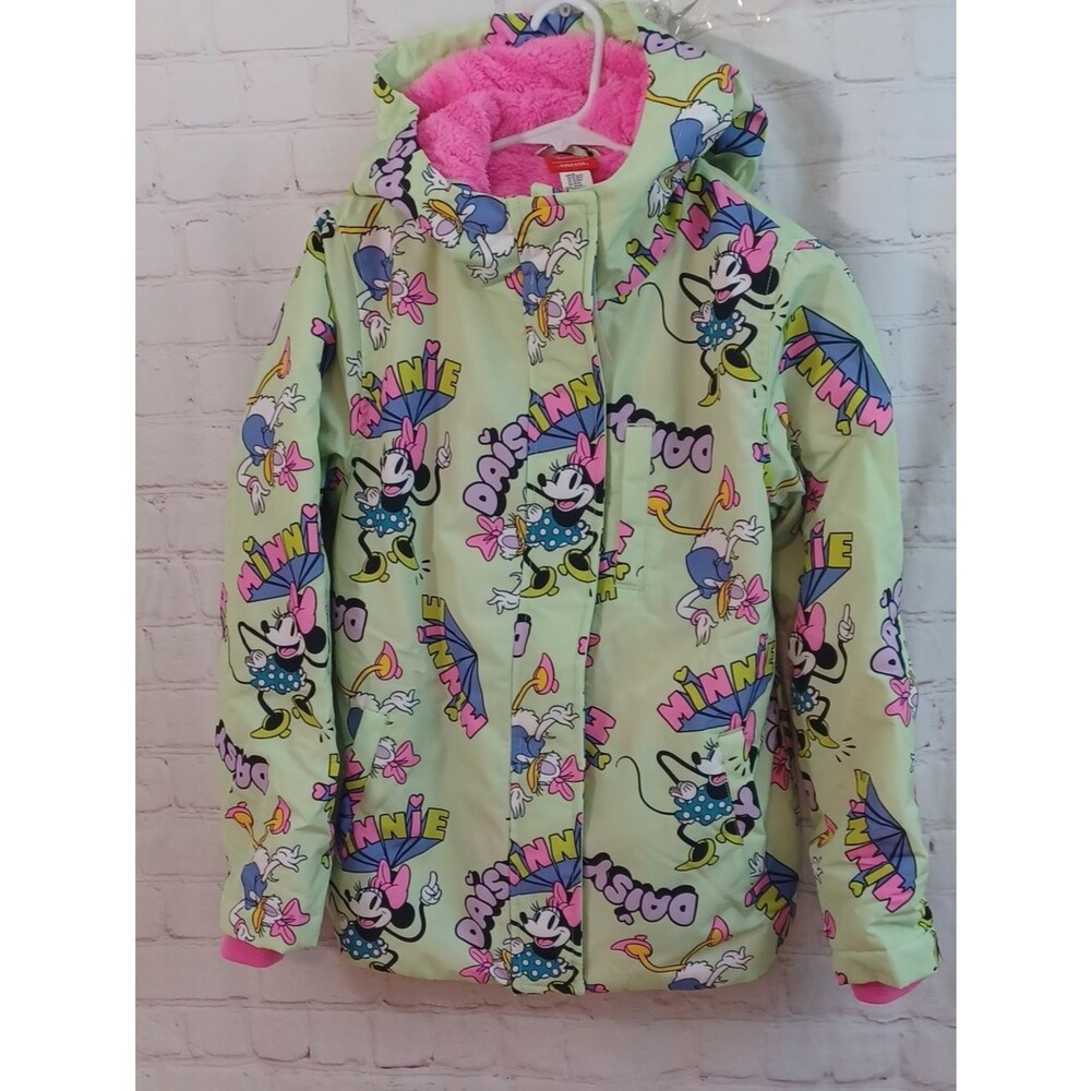 disney minnie mouse girls fleece lined hooded rain jacket coat green pink nwt 8